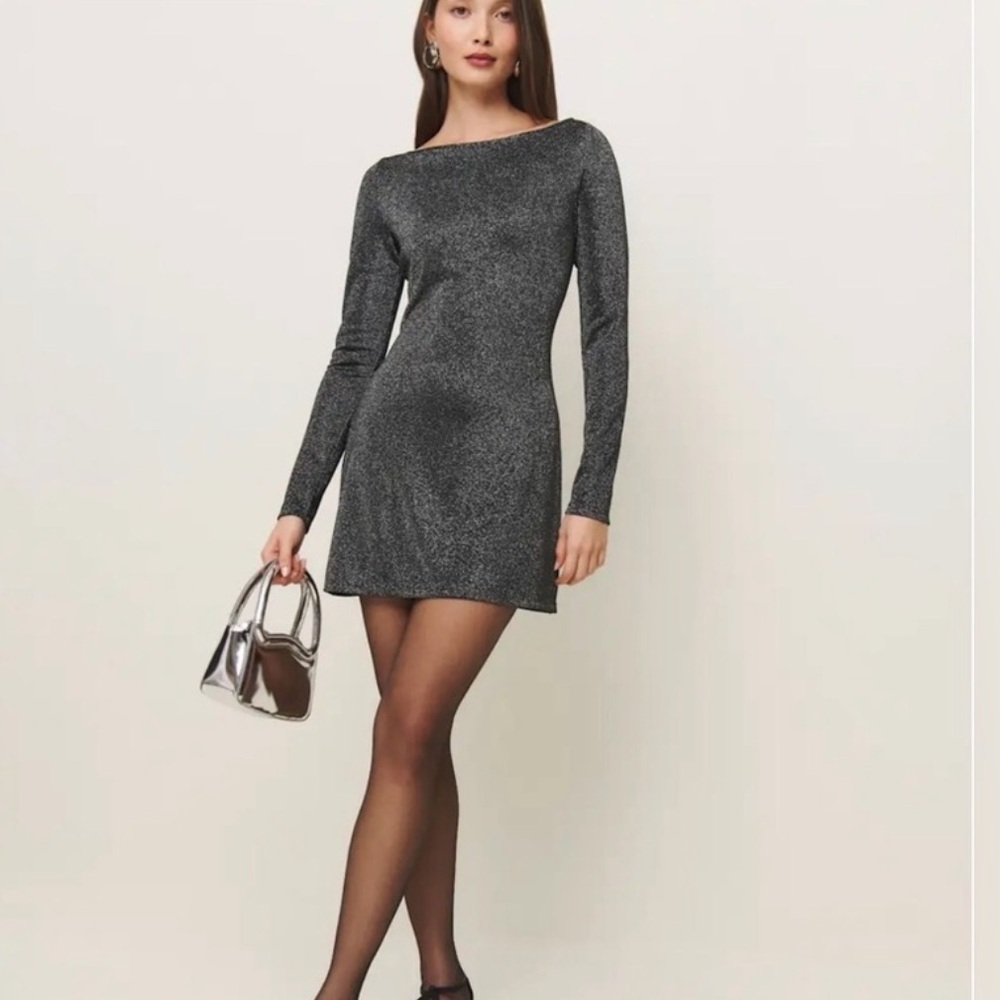 Reformation Jaelynn Knit Dress in black silver sparkle size L